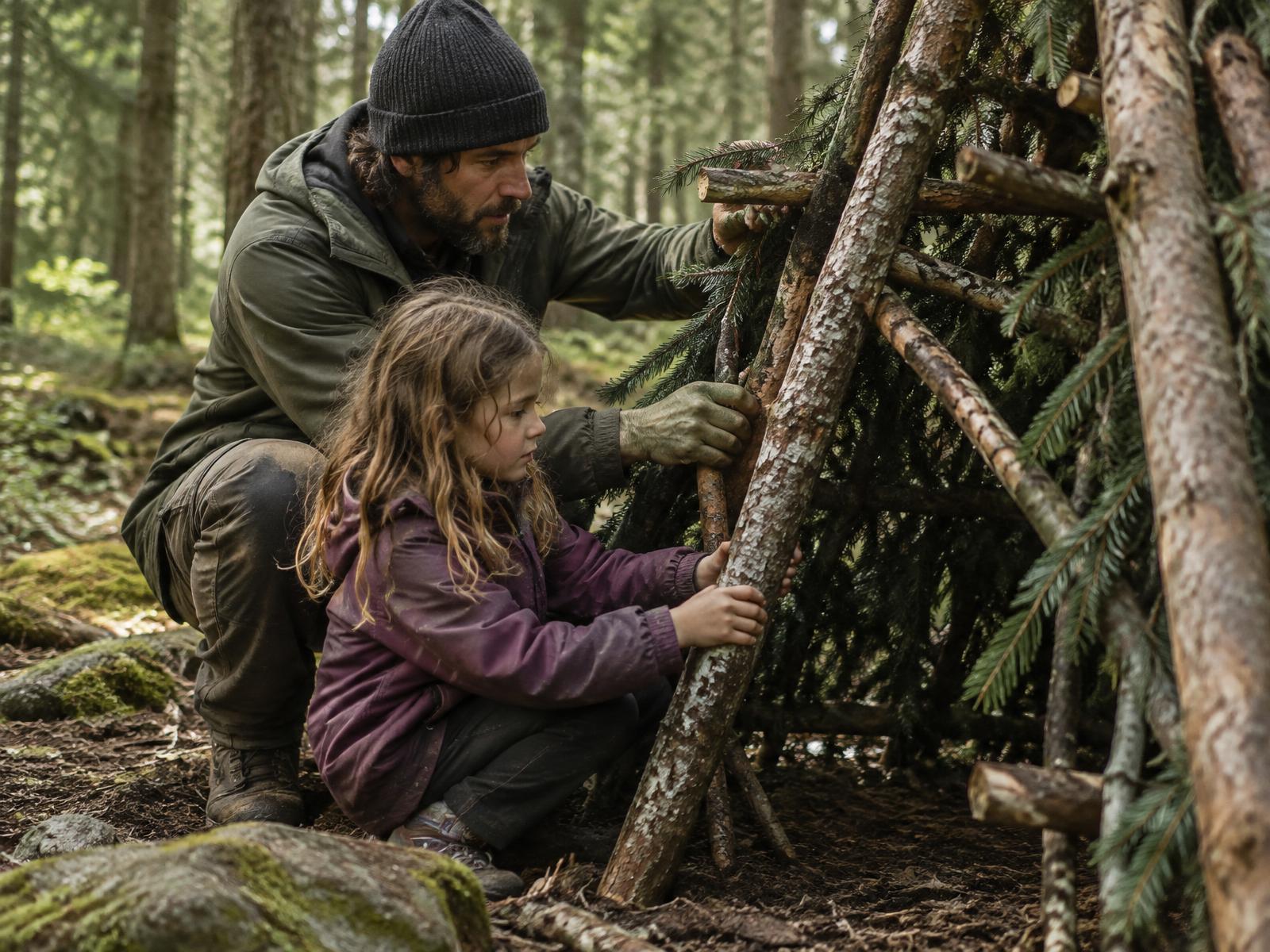 A father and daughter building a forest shelter