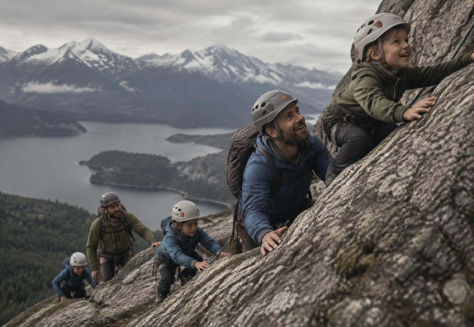Dads and children climbing together