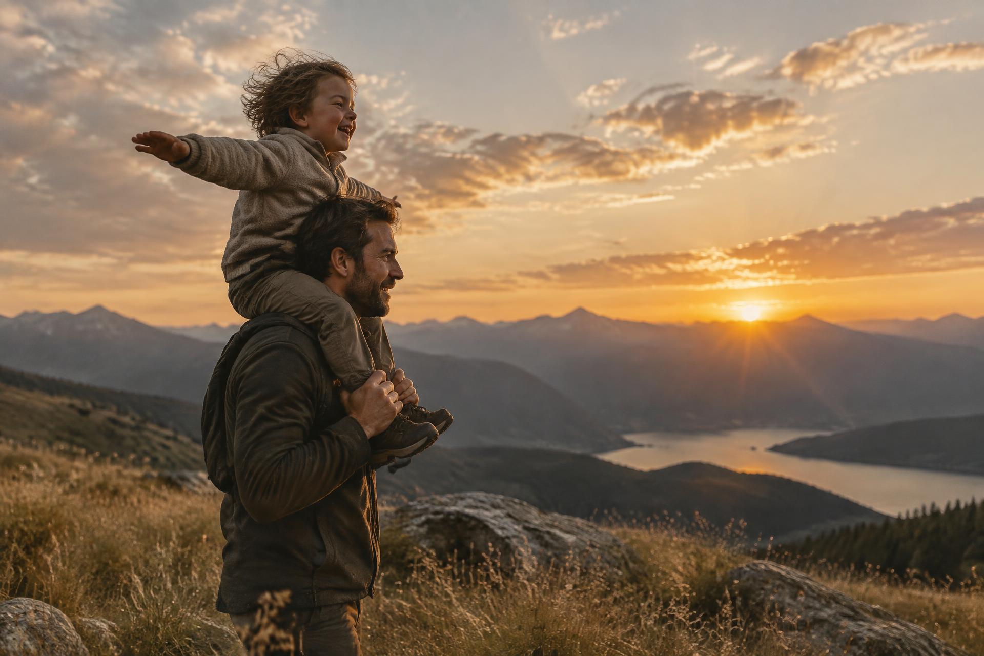 A father carrying his child on his shoulders at sunset