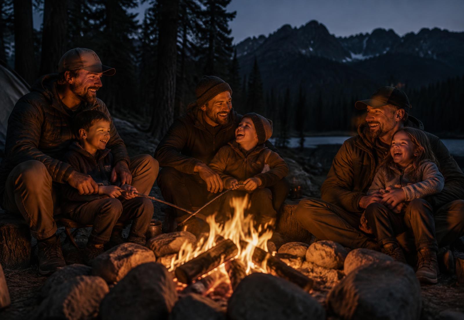 Dads and children laughing around a campfire