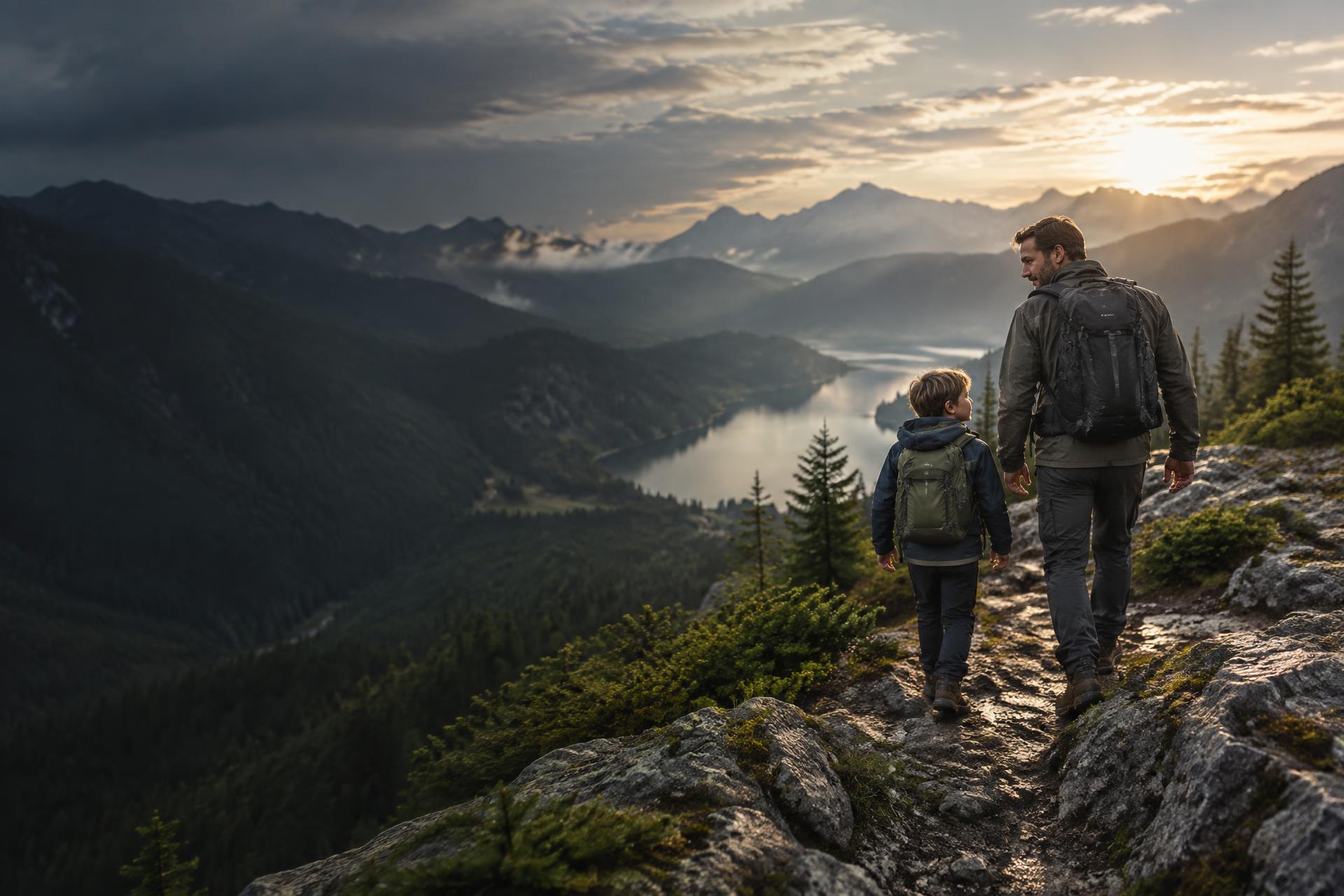 A father and child hiking a mountain ridge