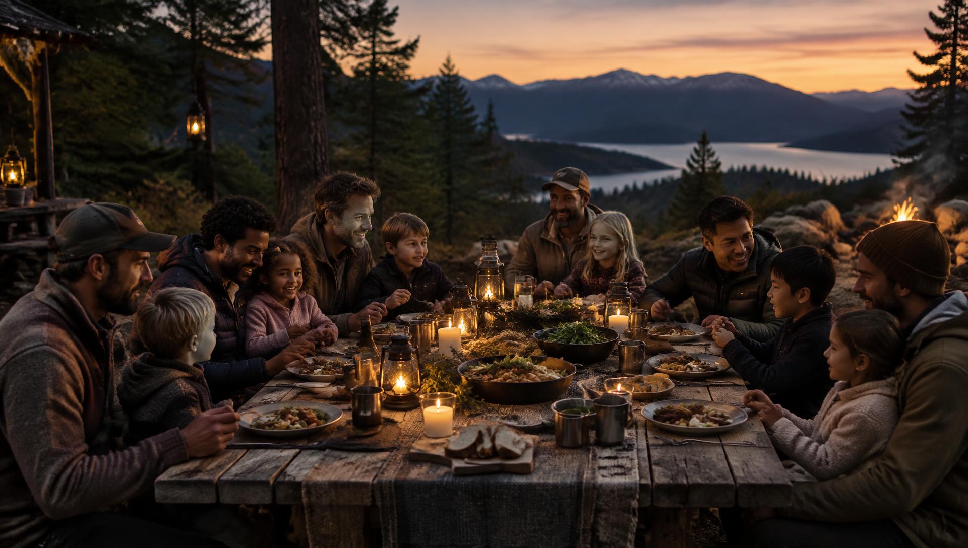 Dads and children sharing dinner at a long table
